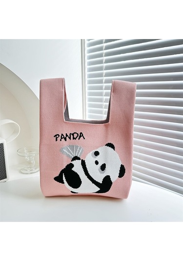 Sevimli Panda Desenli Örgü Eşleşmeli Anne-bebek Çantası Şık Ve Kullanışlı Aksesuar Pembe