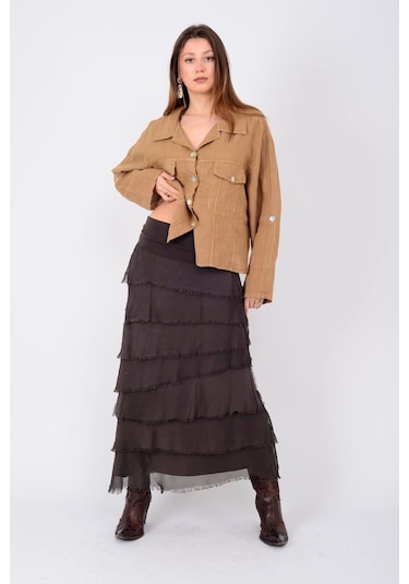 İtalyan 2 Beden Ince Gösteren Kat Kat Ipek Etek & Straplez Elbise Kahve Rengi