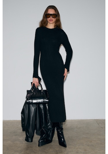 Grımelange Duende Kadın Yuvarlak Yaka Çizgi Desenli Slim Fit Triko Siyah Elbise Siyah