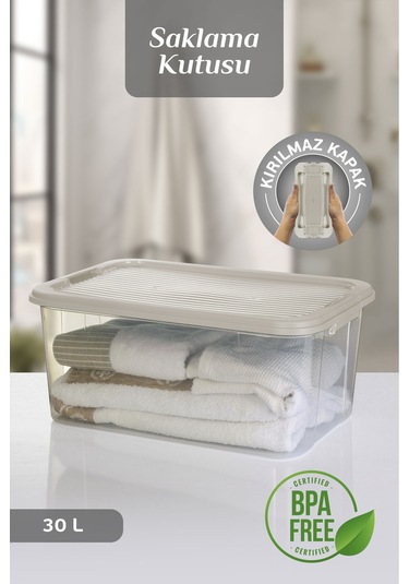 30 Lt Multibox Saklama Kabı - Kilitli Kapaklı Çok Amaçlı Düzenleyici Kiler Depolama Saklama Kutusu Bej