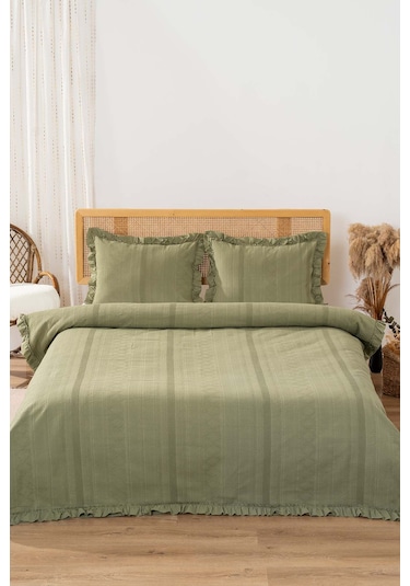 Tziana Haki Yeşil Çift Kişilik Jakarlı Yatak Örtüsü Takımı 3 Parça Uyku Seti Yeşil