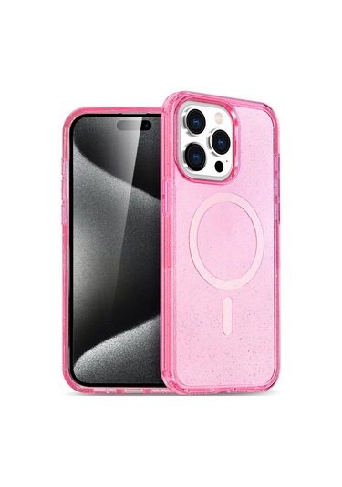 İphone 14 Pro Max Uyumlu Renkli Magneticsafe Parlayan Simli A+ Kalite Silikon Kapak - Pembe