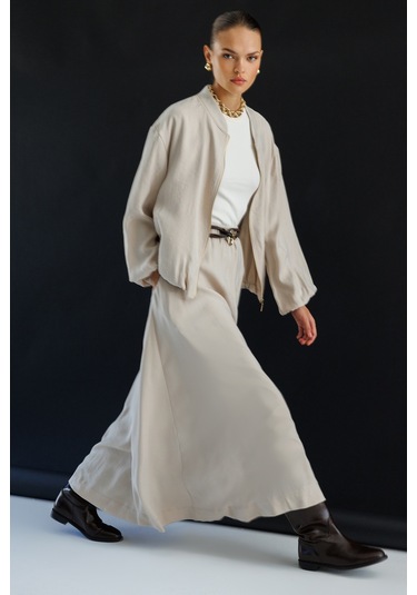 Mizalle Modal Karışımlı Taş Rengi Beli Lastikli Maksi Etek Taş