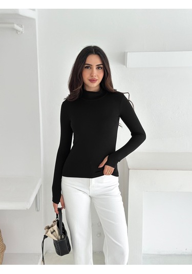 Kadın Yarım Balıkçı Yaka Parmak Geçmeli Full Likralı Buzz Body Siyah