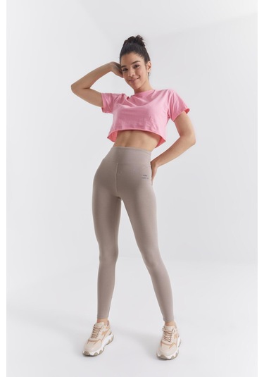 Tommy Life Koyu Bej Yüksek Bel Toparlayıcı Slim Fit Dar Paça Kadın Tayt - 94011 Koyu Bej