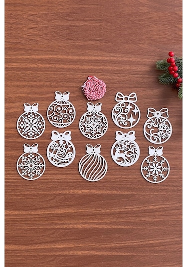 10 Parça Kırmızı Beyaz İpli Fiyonk Model Ahşap Yılbaşı Ağaç Süsü