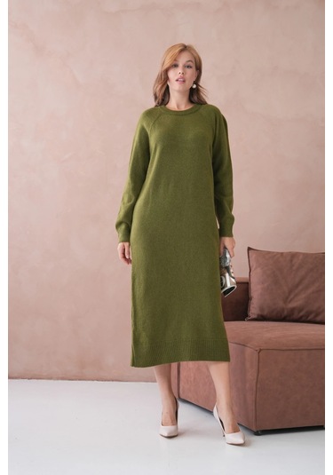 Kadın Bisiklet Yaka Yumuşak Dokulu Maksi Boy Şardonlu Oversize Triko Elbise 8324sw Haki