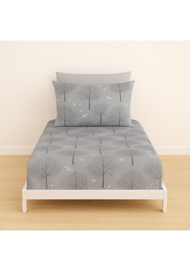 Tek Kişilik Ağaç Desen 90 X 200 Cm Lastikli Çarşaf Ve Yastık Kılıfı Gri