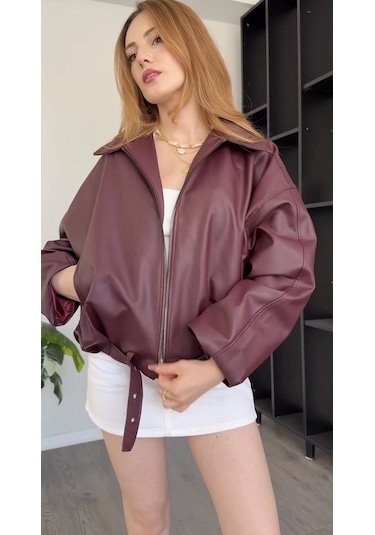 Prifaldi Premium Oversiz Bomber Deri Ceket Bordo