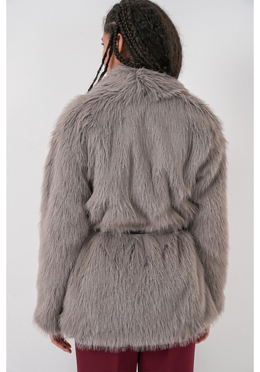 Kadın Kemerli Oversize Kürklü Kaban 9156 - Füme Füme