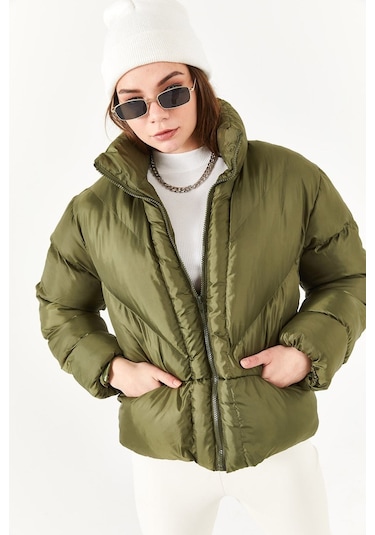 Alisse-kadın Haki Dik Yaka Kısa Şişme Mont Haki