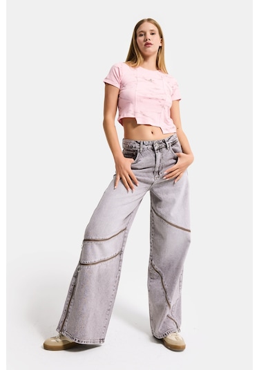 Itsbasic Kadın Pembe W5 Aksesuar Detaylı Asimetrik Kesim Crop Top