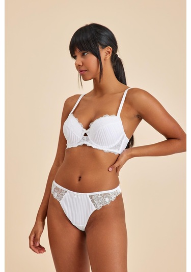 Paris Ekru Balenli Dantelli Dolgulu Push-up Sütyen ekru