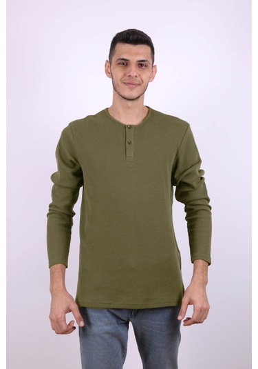 Trender Düğmeli Waffle Yeşil Erkek Sweatshirt 5070 Yeşil