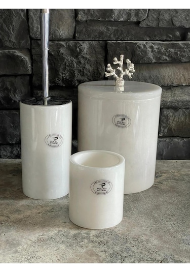 Beyazı Mermer Çöp Kovası, Wc Fırçalığı, Diş Fırçalık 3,lü Set Beyaz