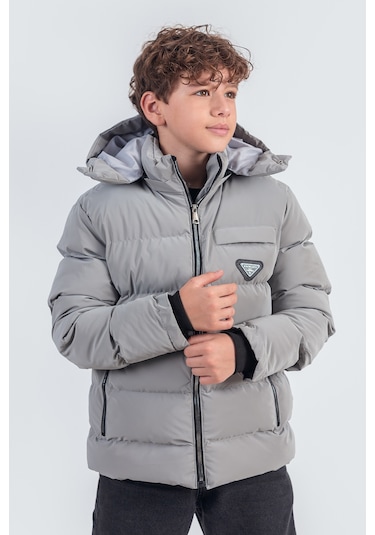 Nova Kumaş Kapüşonlu Erkek Çocuk Kışlık Mont Km2509 Gri