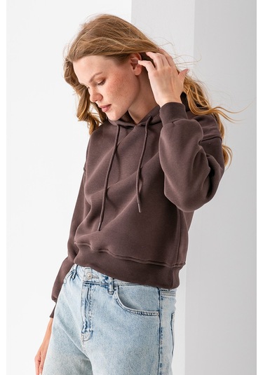 Kadın Kapüşonlu 3ip Şardonlu Crop Sweatshirt Kahverengi - 2612 Kahverengi