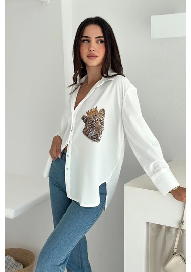 Kral Aslan Desen Baskılı Taşlı Gömlek Beyaz
