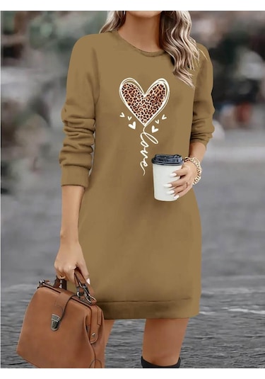 Kadın Uzun Kollu Bisiklet Yaka Kalp Desenli Kısa Viskon Elbise Bej