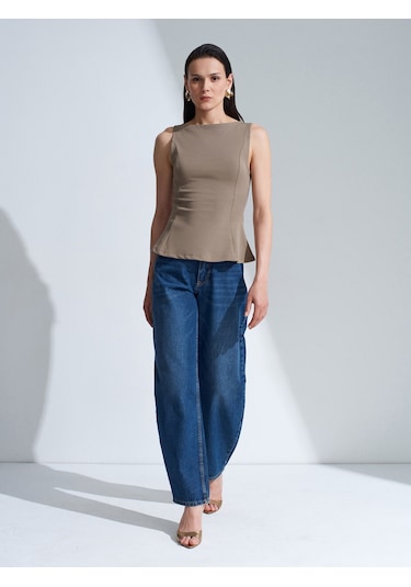 Dilvin 21001 Kayık Yaka Peplum Top-açık Haki
