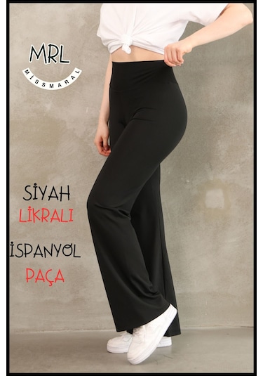 Kadın Siyah Yüksek Bel Toparlayıcı Tayt Pantolon Ispanyol Paça Likralı Esnek Dalgıç Kumaş 1040 SiYAH