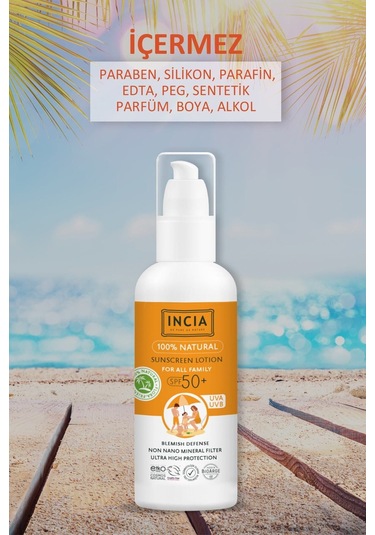 INCIA %100 Doğal Organik Tamanu Yağlı Güneş Losyonu Mineral Filtreli Tüm Aile İçin SPF 50+ 100 ML