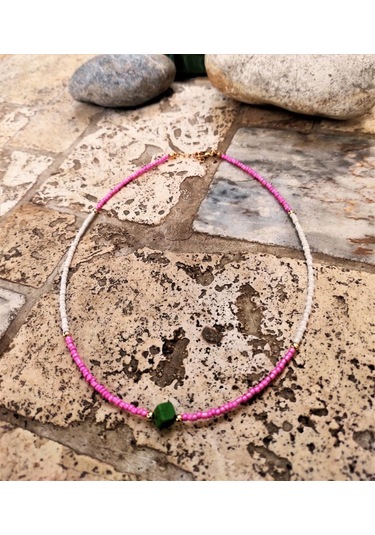 GOLD KAPLAMA ASORTİ DOĞALTAŞ PEMBE BONCUK KOLYE-KOL123 Bakır