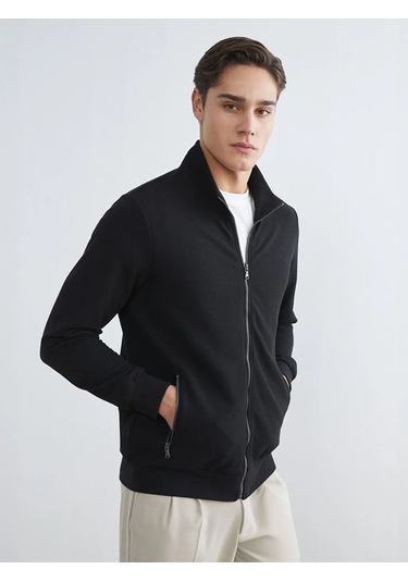 Lc Waikiki Siyah Standart Kalıp Dik Yaka Erkek Fermuarlı Sweatshirt