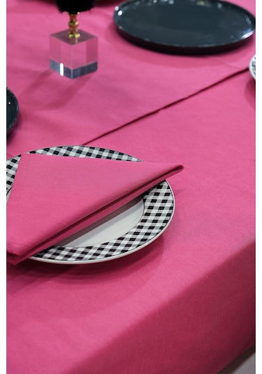 Dream 8 Parça Masa Örtüsü Seti Çeyiz Seti Salon Masa Örtüsü, Runner, 6'lı Peçete Fuşya