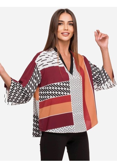 Kadın Geometrik Desenli Blok Renkli Bluz Frn1103 Kırmızı