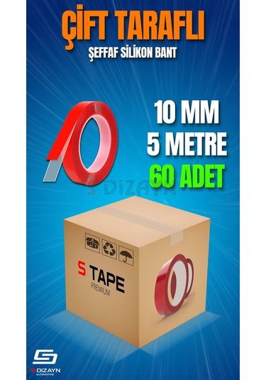 S-dizayn Çift Taraflı Bant 10mm X 5 Metre Şeffaf Silikon Vhb Bant 60'lı Koli A+kalite 10 MM x 5 M
