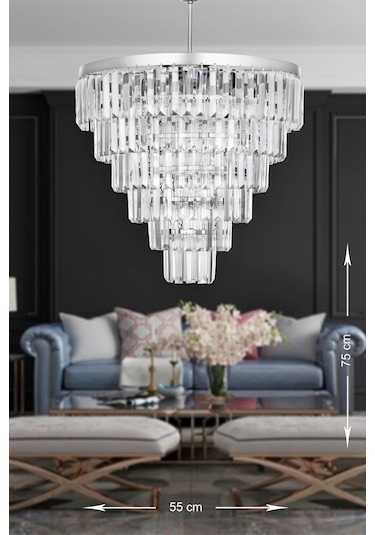 Linsa 55 Cm'lik Kristal Cam Taşlı Lüks Avize - Gümüş Yaldız Gümüş Yaldız