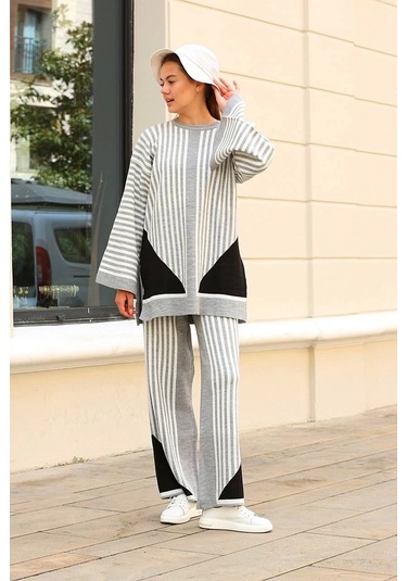 Çizgili Bisiklet Yaka Triko Takım Gri Gri