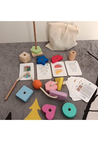Montessori Ahşap Oyuncak - Giz Torbası Ve Ip Geçir Geometrik Şeki