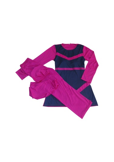 Uzun Kol Tesettür Mayo Büyük Beden Boneli Eşarplı Taytlı Mayo Lacivert