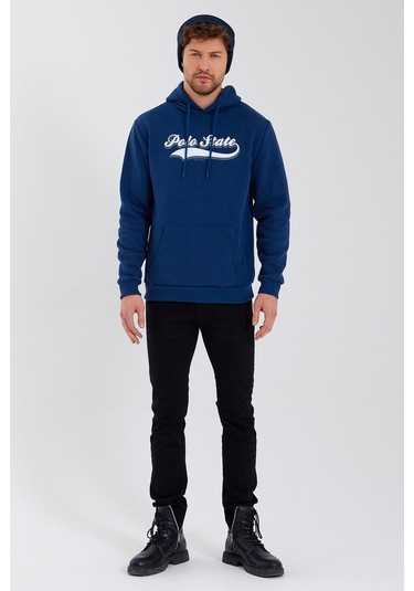 Erkek 3 İplik Pamuklu İçi Polarlı Baskılı Regular Fit Kapüşonlu Kanguru Cepli İndigo Sweatshirt Indigo