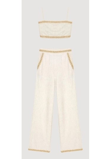 Çizgi Dokulu Dantel Şeritli Cepli Beli Lastikli Pantolon Sırt Lastikli Spor Büstiyer Keten Takım Bej