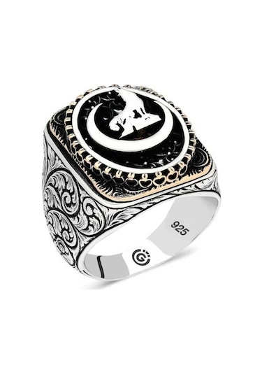 Gümüş Hilal Bozkurt Oval Erkek Yüzük - 555892459