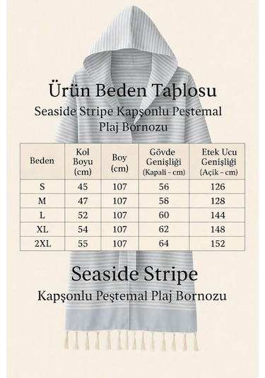 Kapşonlu Unisex Peştemal Plaj Bornozu %100 Pamuklu Seaside Stripe Mavi