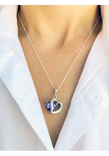 Brezza Lusso Jewelry Gümüş Kolye Ametist Taşı Kalp Kadın Kolye 45 CM