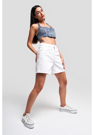 Itsbasic Kadın Beyaz Renk Diana Mom Fit Denim Şort