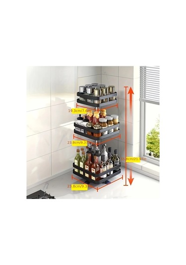 Honeybeeshop Wongırl Kare Üç Katmanlı 360 Derece Dönebilen Paslanmaz Çelik Mutfak Organizatörü Baharat Rafı 1100 Koyu Ceviz