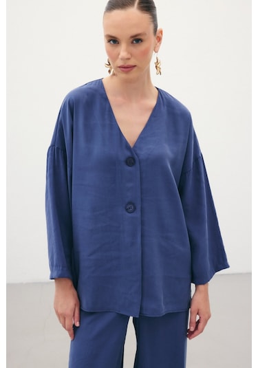 Sateen Düğmeli Kimono - İndigo-136358 İndigo