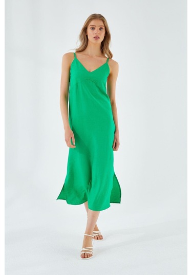 4252 Kadın İp Askılı V Yaka Elbise Yeşil Yeşil