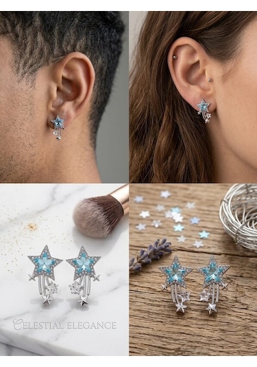 Dükkan Design Taşlı Kuyruklu Yıldız Küpe Gümüş - Açık Mavi