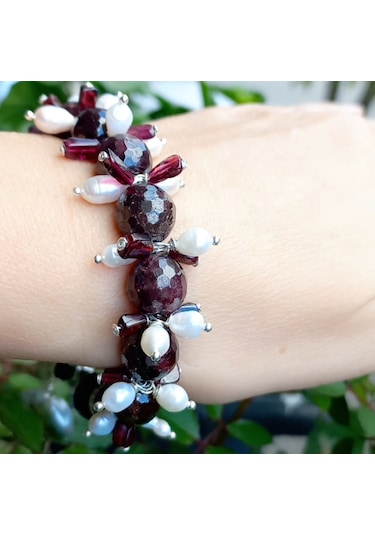 Sibelce 2687 Garnet Doğal İnci Zirkon El Yapımı Bileklik Bordo