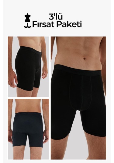 Weweus Siyah 3'lü Erkek Süper İnce Doğal Bambu Lüks Uzun Boxer 1013 Siyah
