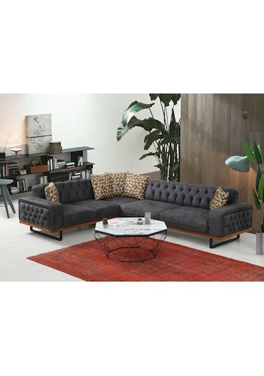 Enisa Köşe Takımı & Mekanizmalı Köşe Koltuk - Antrasit Keten Kumaş