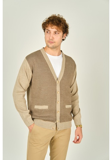 Ateş Triko Erkek Cep Detaylı V Yaka Yün Hırka 4490 Bej Bej