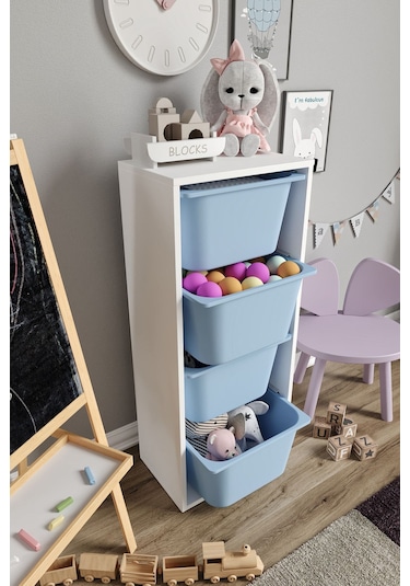 %100 Mdf - Large Mono 4 Büyük Sepetli Oyuncak Dolabı Mavi